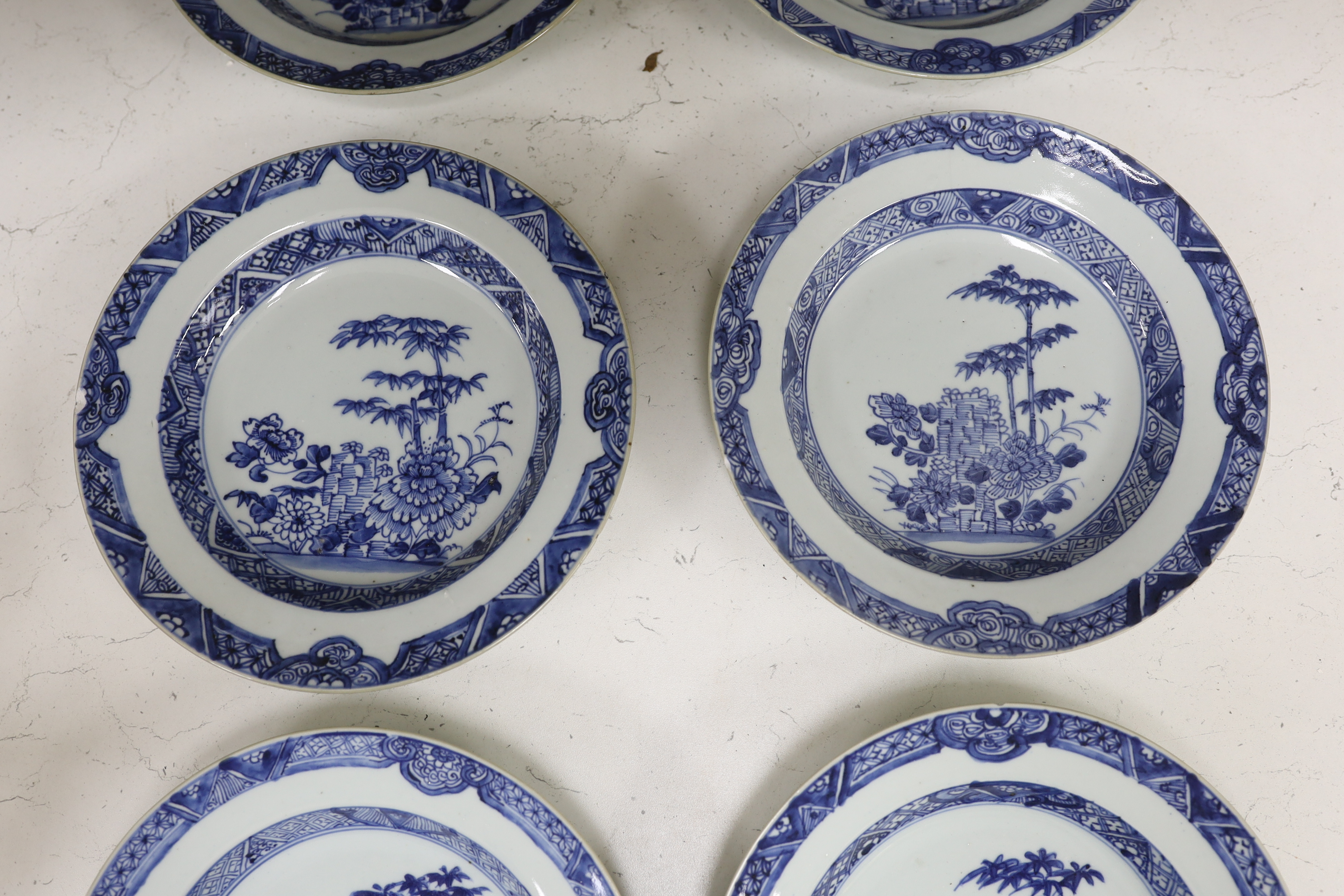 A set of six 18th century Chinese export blue and white dessert dishes, 22.5cm